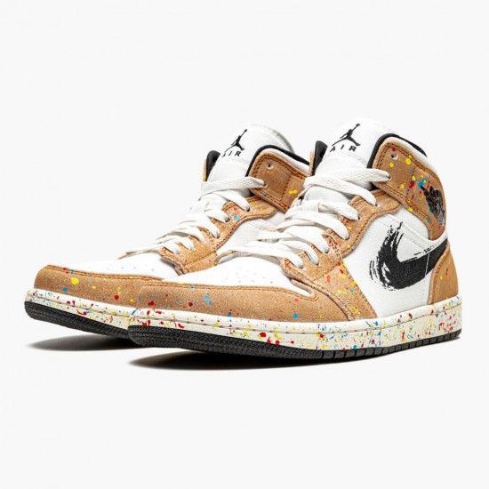 Women's/Men's Nike Jordan 1 Mid SE Brushstroke Sail/Black/Cider/Chile Red Jordan Shoes