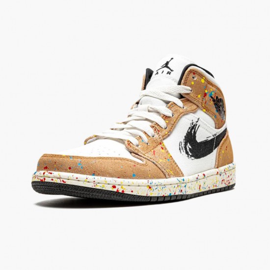 Women's/Men's Nike Jordan 1 Mid SE Brushstroke Sail/Black/Cider/Chile Red Jordan Shoes