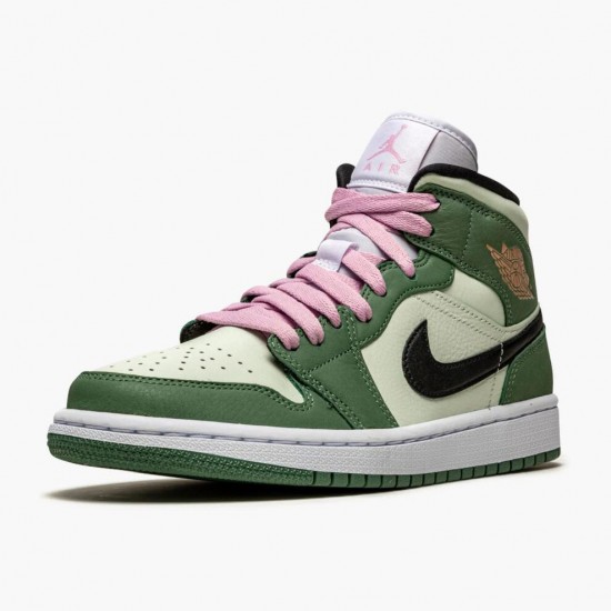 Women's Nike Jordan 1 Mid SE Dutch Green Dutch Green/Black/Barely Green/Arctic Pink Jordan Shoes